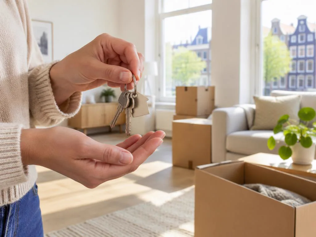 Verhuisdozen en huissleutels in een lichte woonkamer
